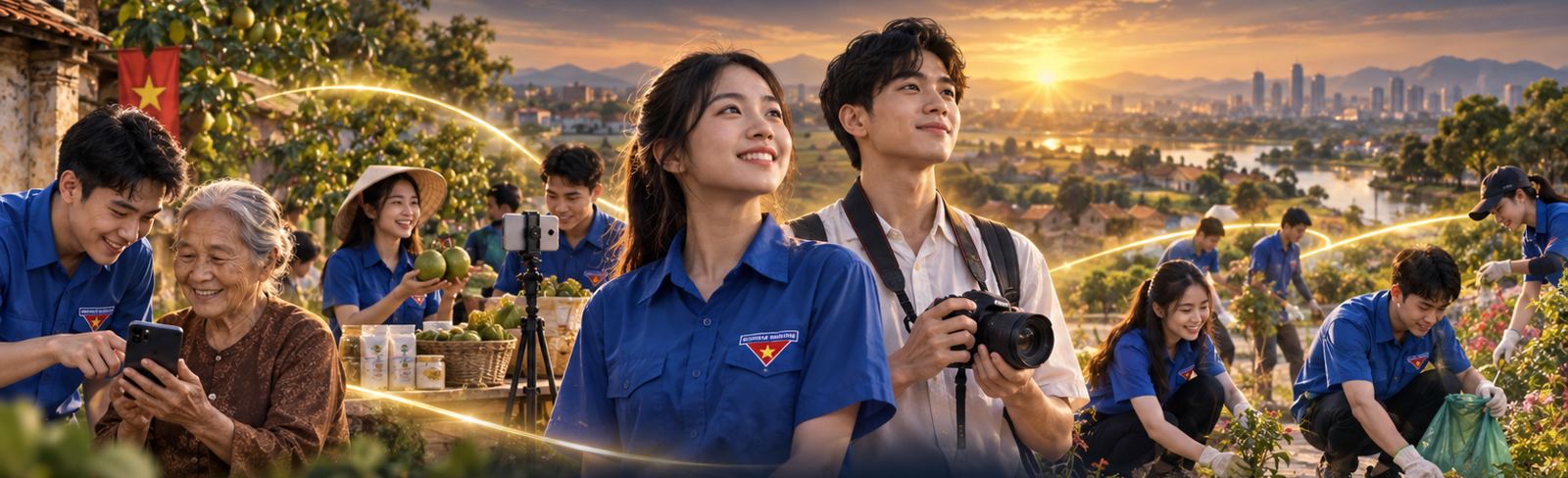 Thanh niên áo xanh cùng người dân làm việc có ích trong ánh hoàng hôn