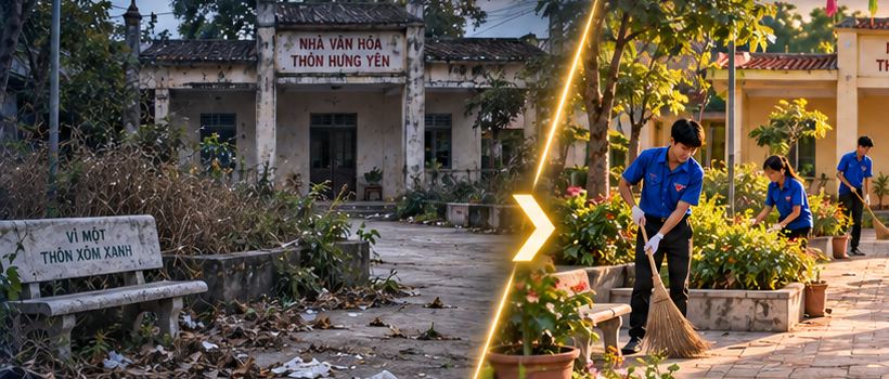 Nhà văn hóa thôn trước và sau khi thanh niên chỉnh trang