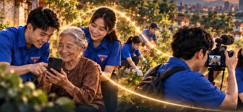 Thanh niên hướng dẫn bà cụ dùng điện thoại